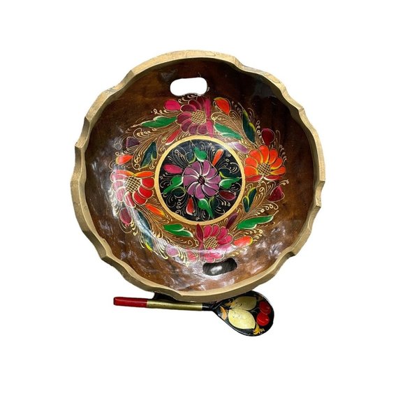 Vtg Russian Wooden Bowl Spoon Set Hand Painted USSR Khokhloma Tray Floral Fruit - Picture 1 of 8